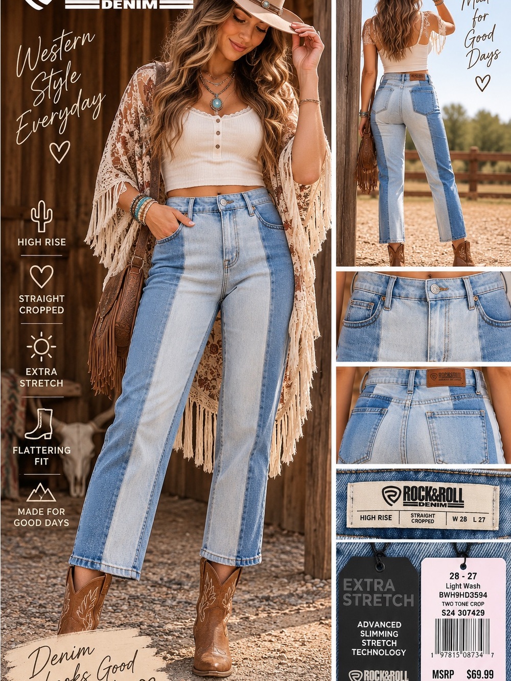 Rock & Roll Denim Two Tone Straight Cropped Jeans NWT | 28x27